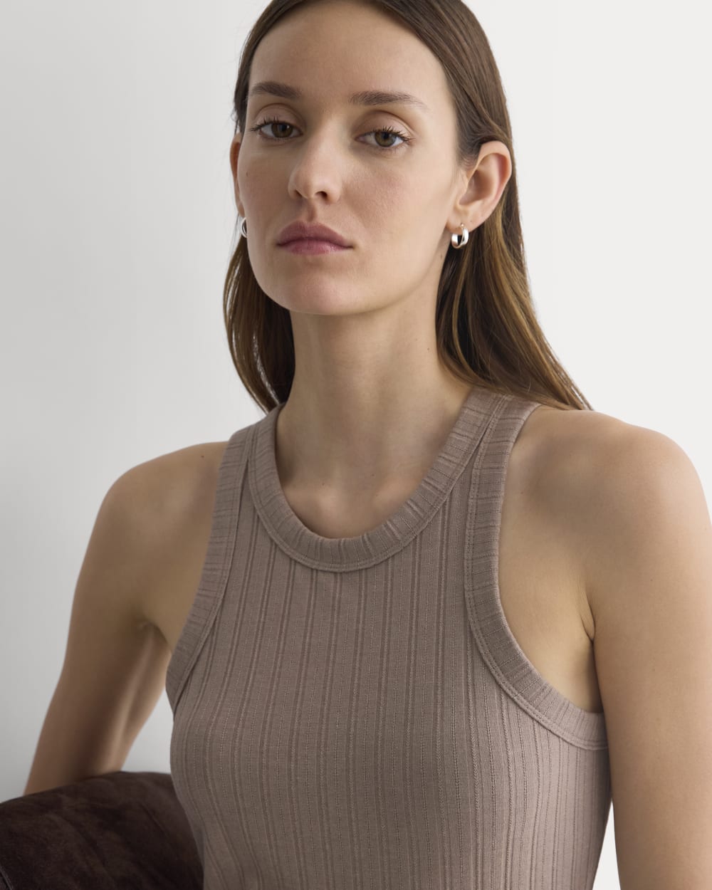 Racerback Tank in Pointelle in Heathered Chocolate Chip — detail view