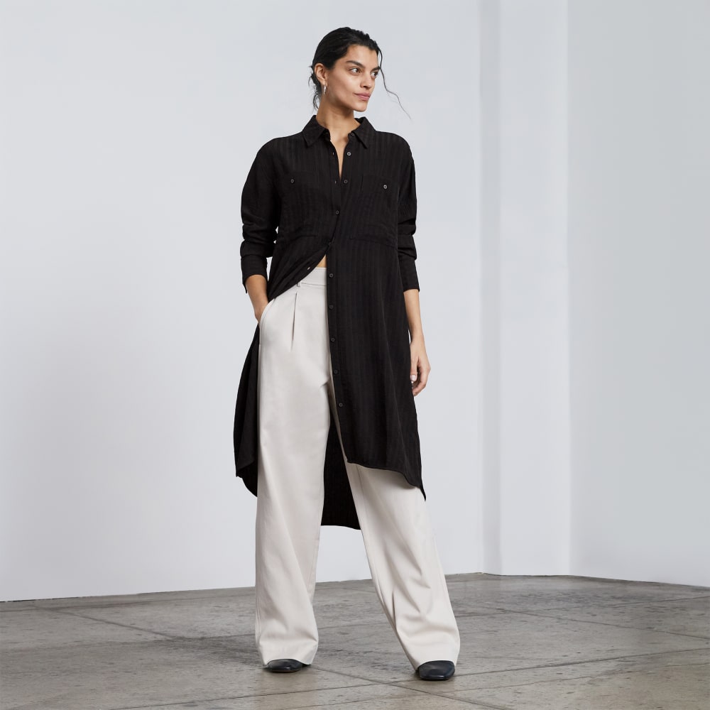 The City Stripe Draped Shirt Dress in Black — detail view