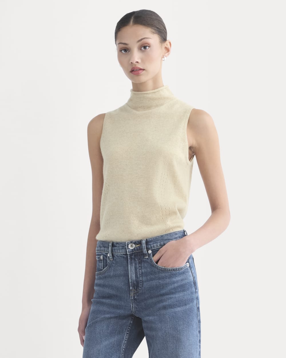 Cashmere Funnel-Neck Tank in Heather Light Camel — front view
