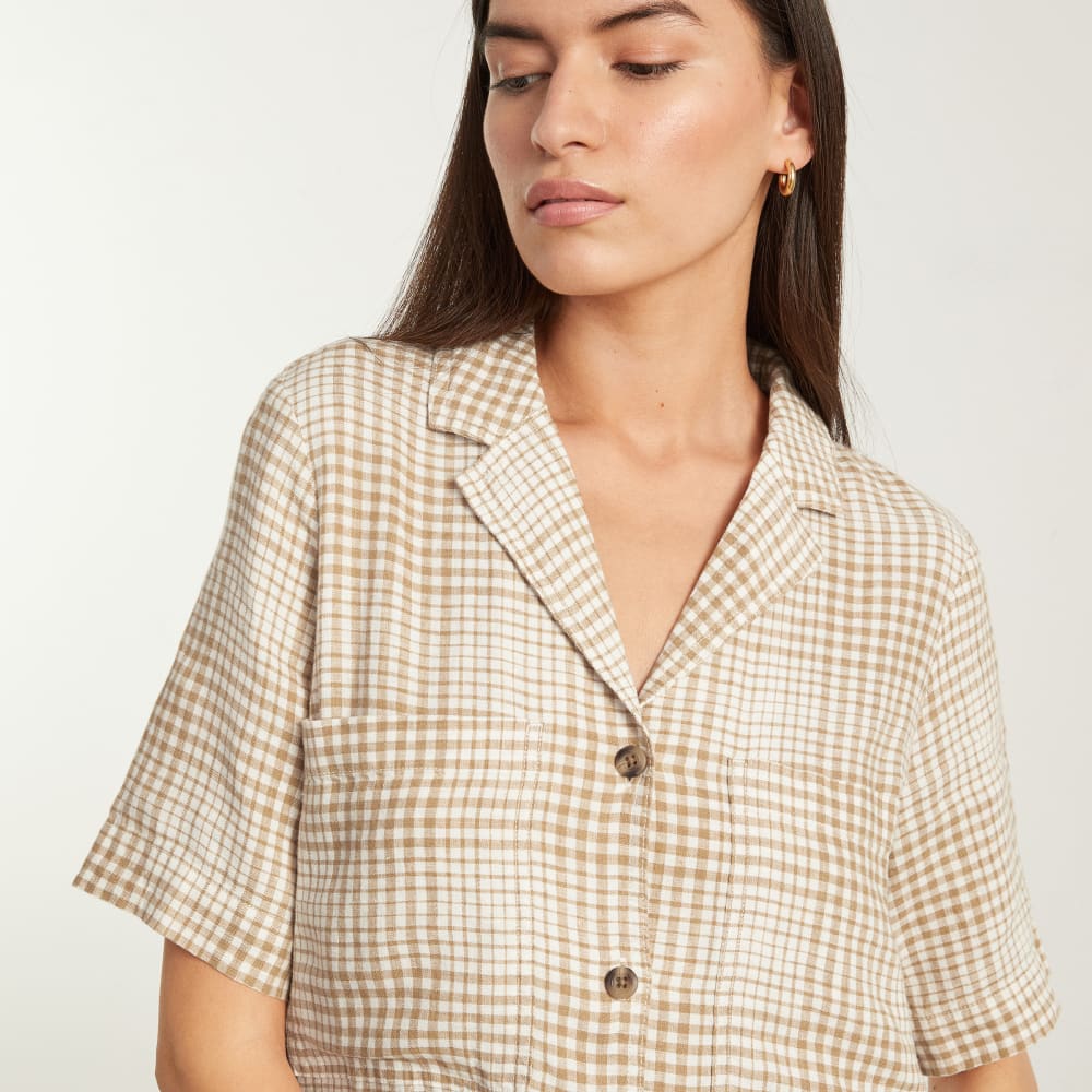 The Linen Workwear Dress in Iced Coffee Grid — detail view