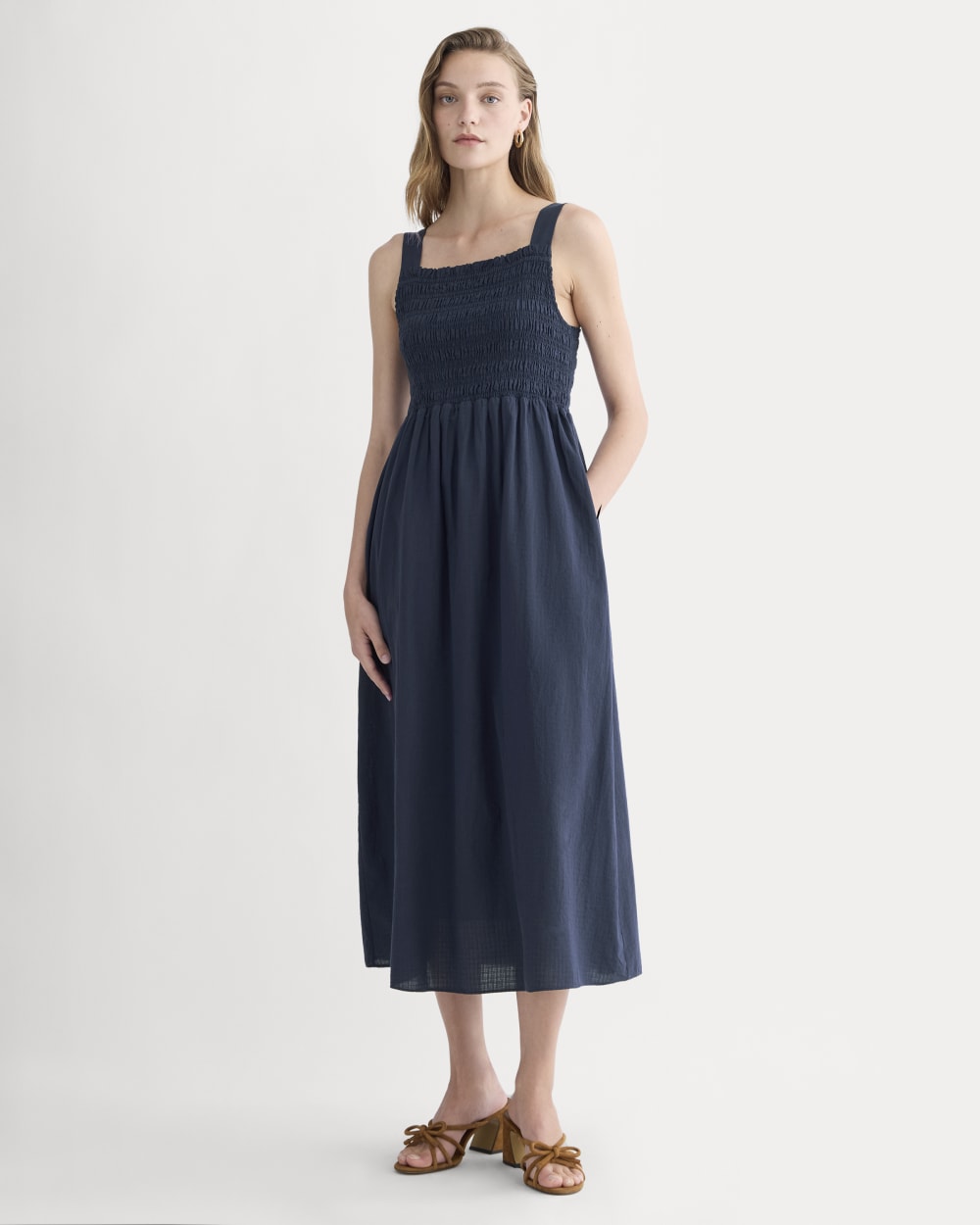 The Gauze Smock Dress in Navy — front view