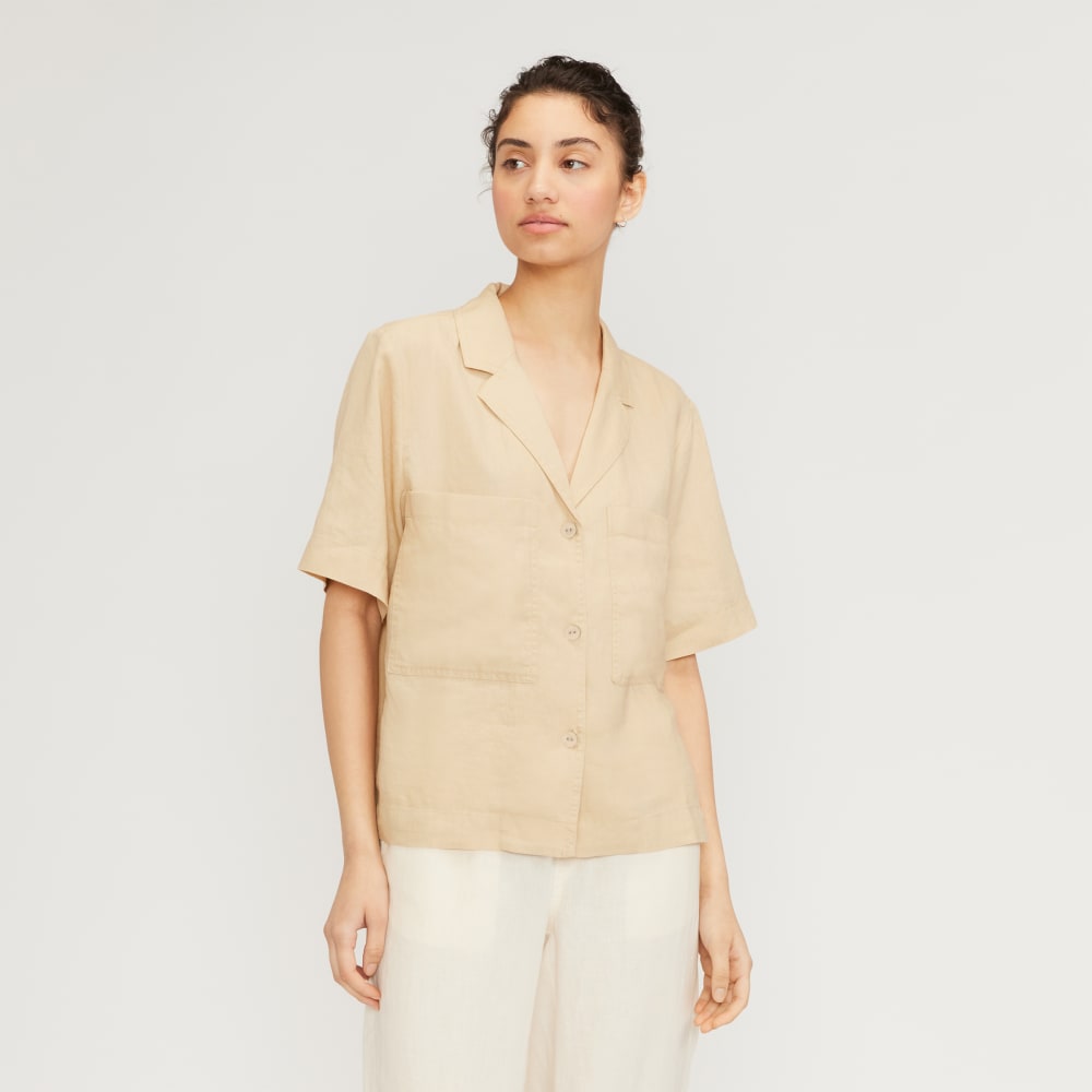 The Linen Workwear Shirt in Warm Khaki — front view