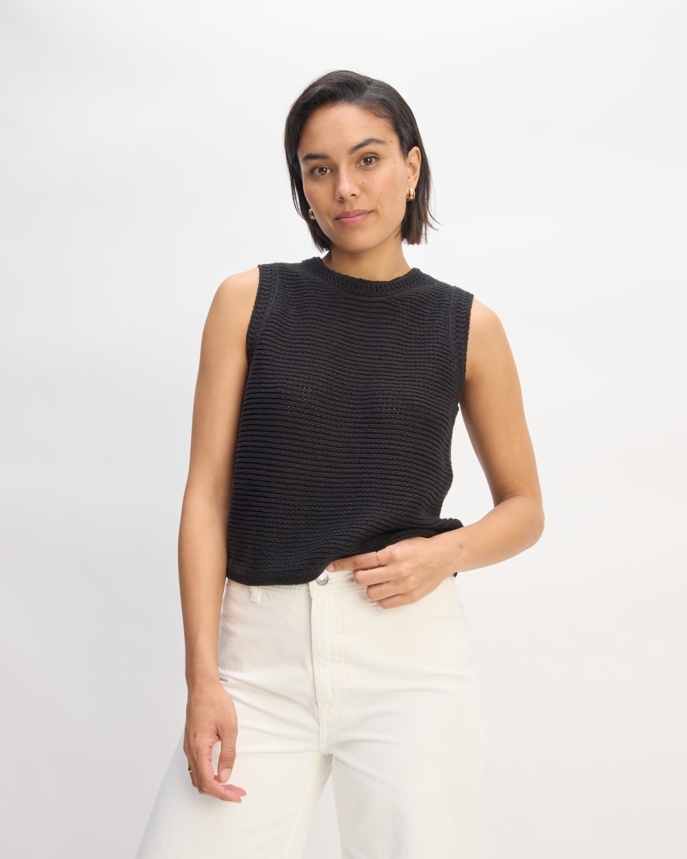 The Organic Cotton Open-Stitch Tank in Black — front view