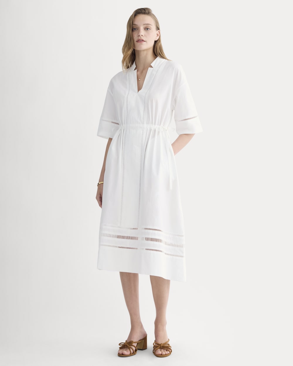 The Lace Trim Caftan Dress in White — front view