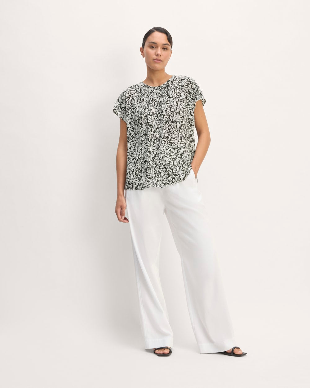 The Gathered Neck Top in Black / Bone Mini Floral — detail view