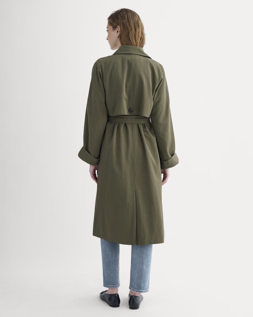 Drapey Twill Trench in Olive Night — detail view