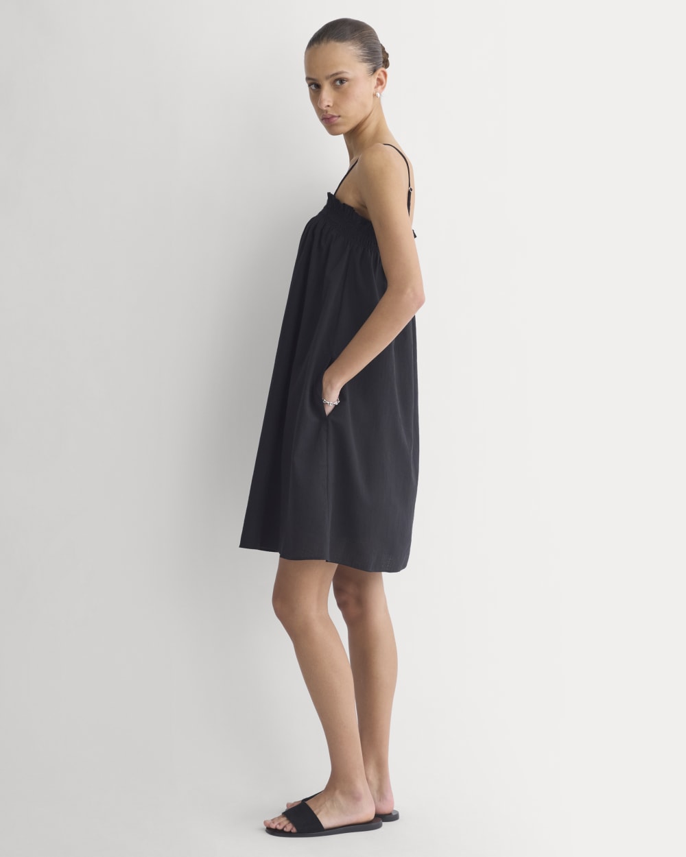 Gauze Smocked Dress in Black — detail view