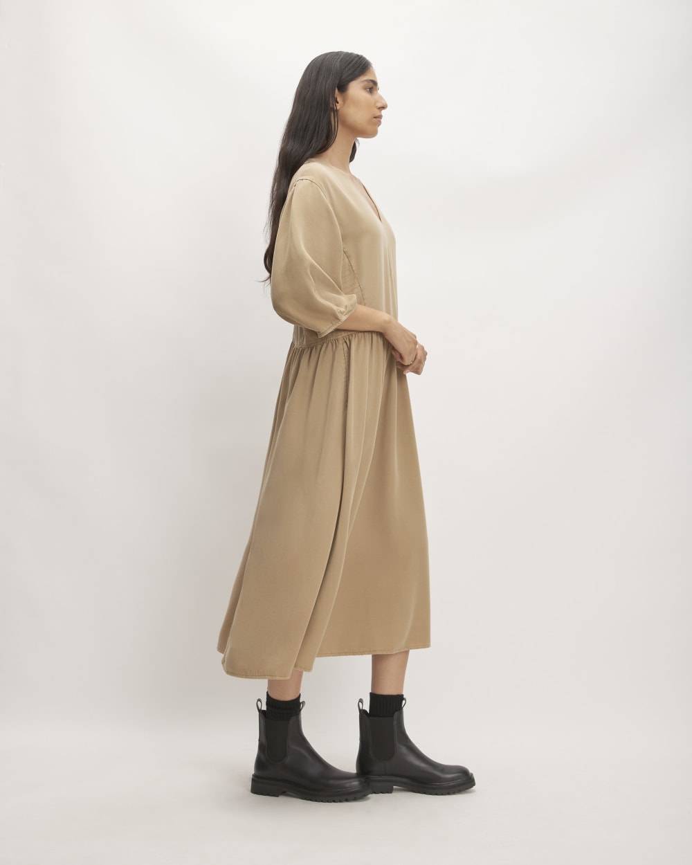 The TENCEL™ Puff-Sleeve Dress in Cornstalk — detail view