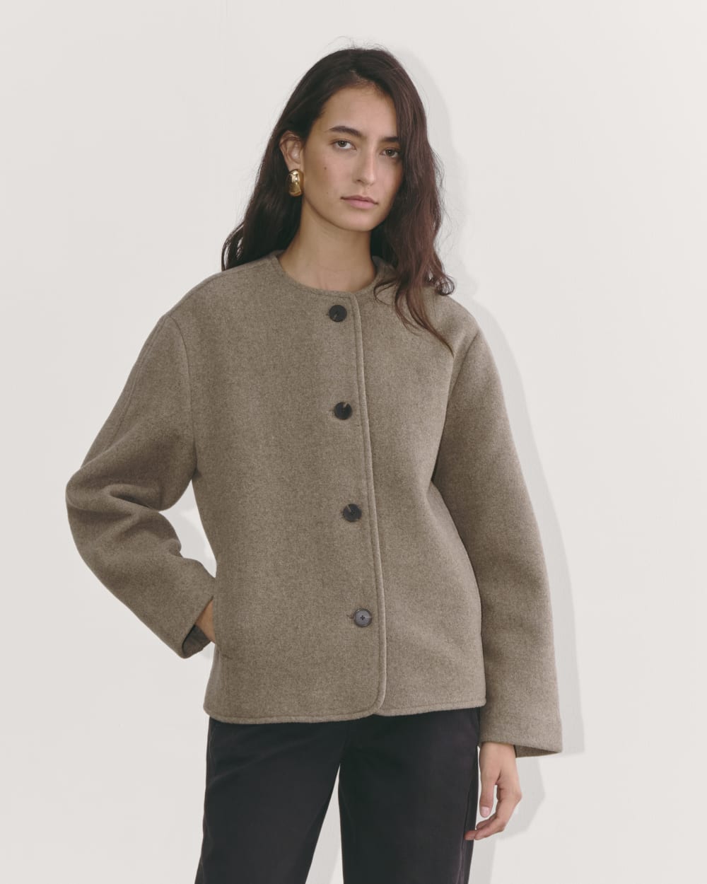 The Cocoon Coat in Wool in Taupe — detail view