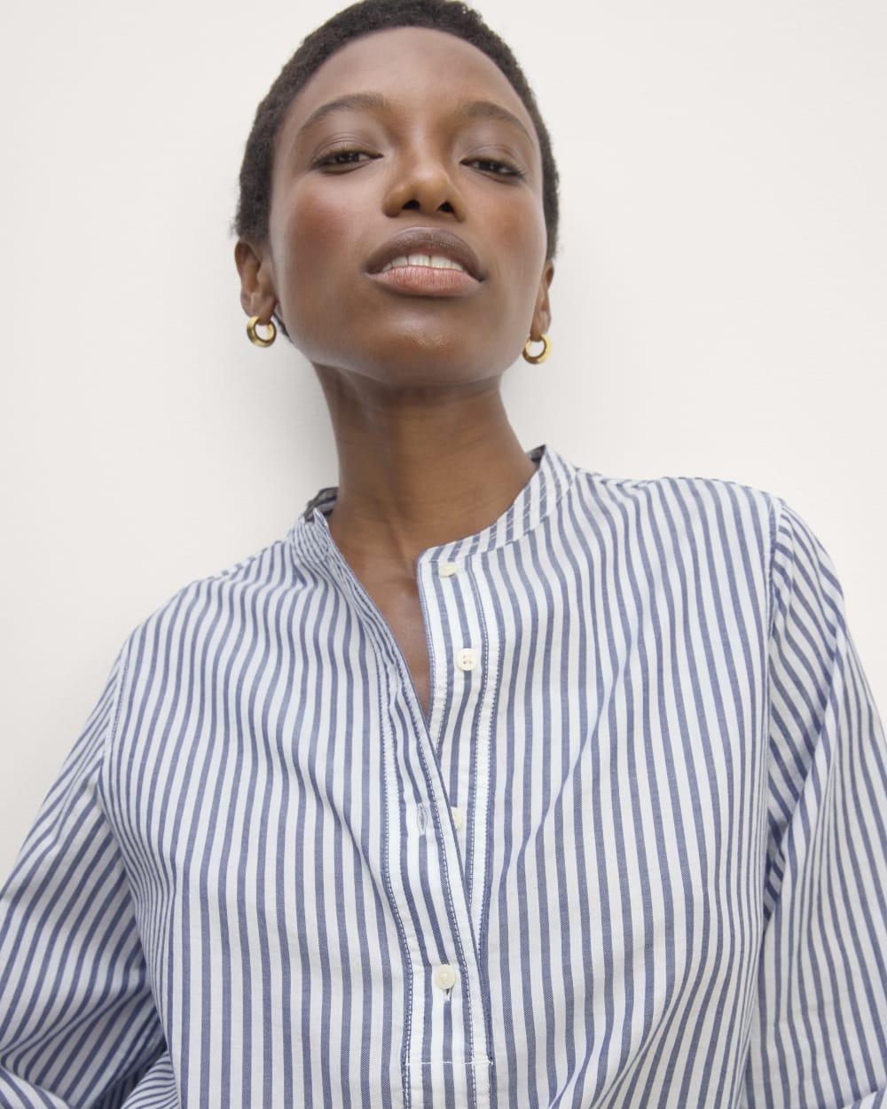 The Henley Shirt in Silky Cotton in White / Bellwether Blue — detail view