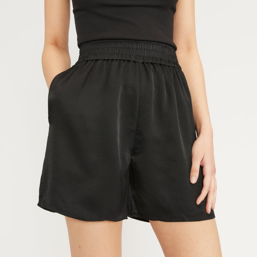 The Satin Pull-On Short in Black — detail view