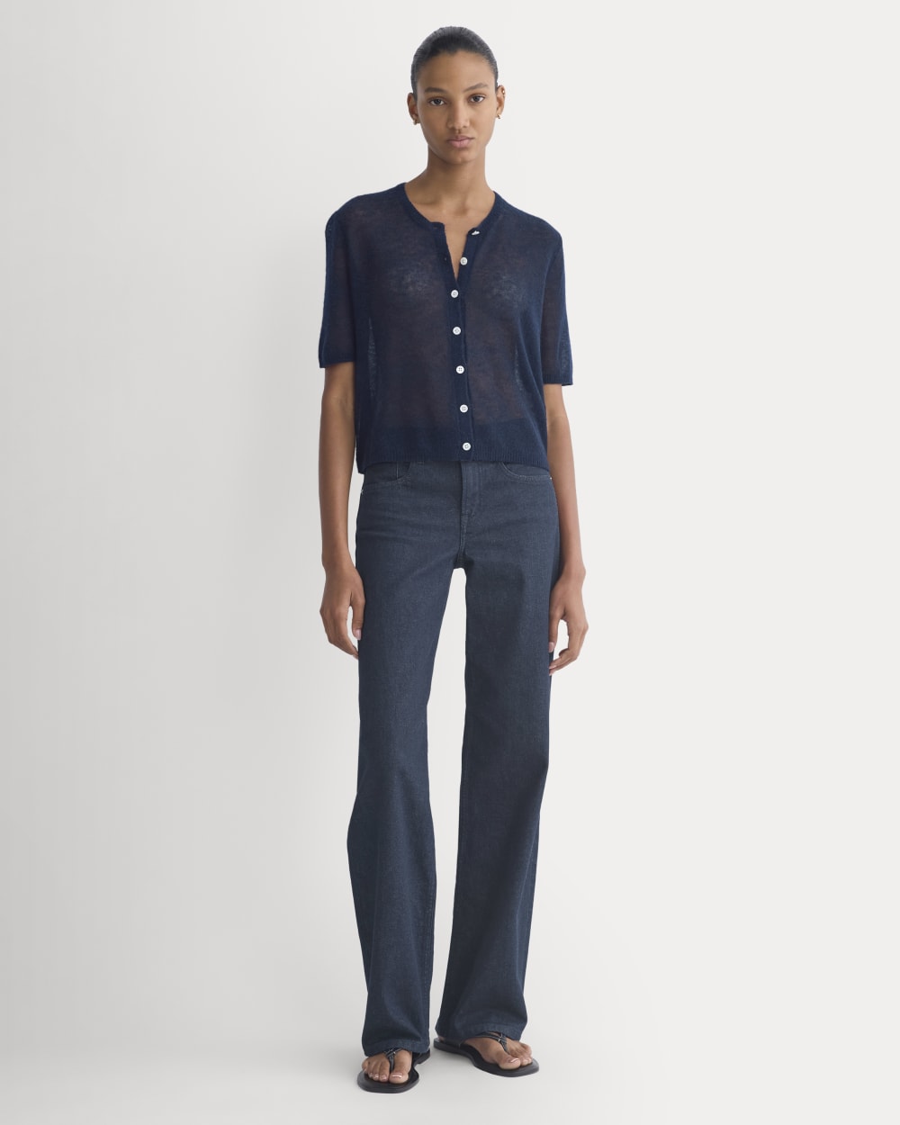 The Air Alpaca™ Short-Sleeve Cardigan in Navy — detail view