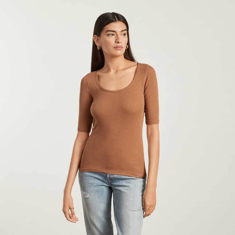 The Luxe Micro-Rib Scoop-Neck Tee in Tawny Brown — alternate view