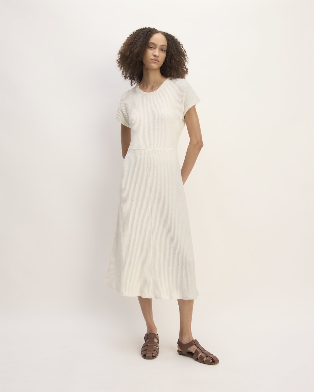 The Rib-Knit Cap-Sleeve Midi Dress in Bone — front view
