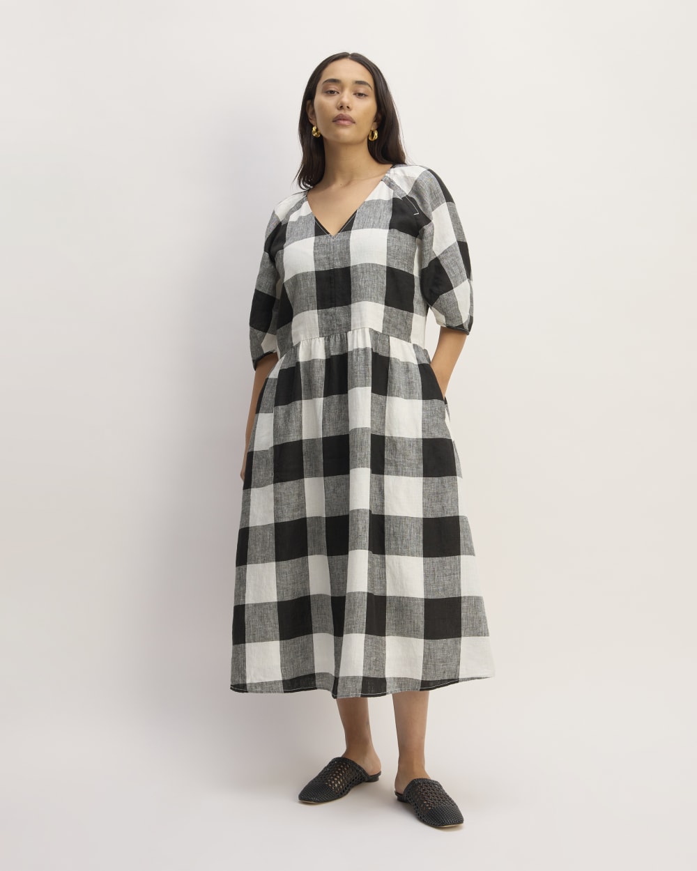 The Linen Oversized Puff-Sleeve Dress in Bone / Black Check — front view