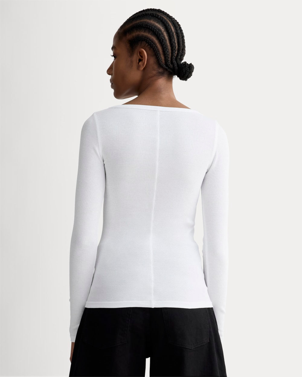 The Luxe Rib Long-Sleeve Scoop-Neck Tee in White — detail view