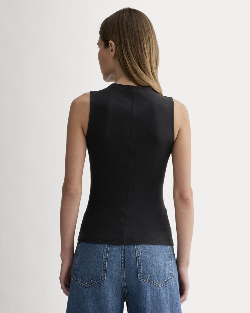 The Luxe Rib Funnel-Neck Tank in Black — detail view