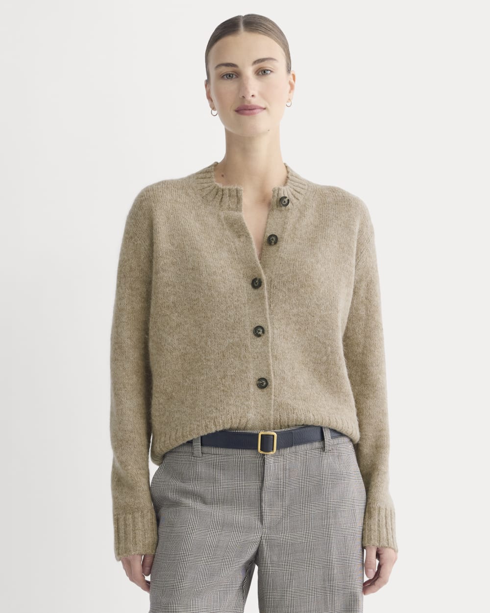 The Crew Cardigan in Alpaca in Dark Heathered Camel — front view