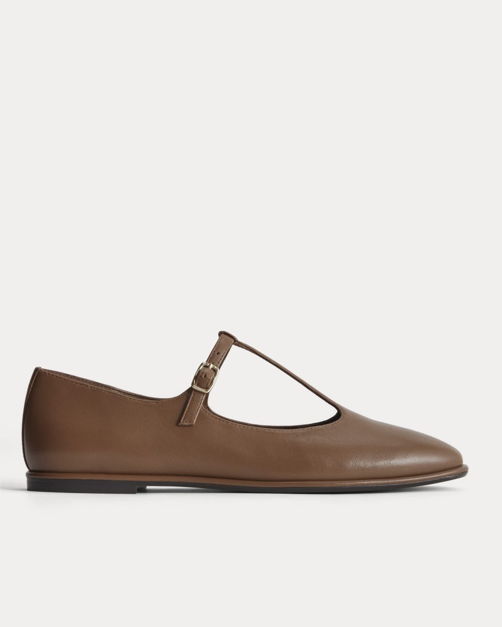 The Leather T-Strap Flat in Rum — front view