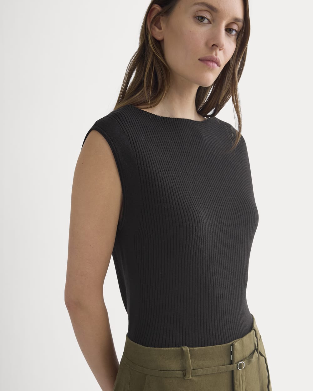 Boat-Neck Ribbed Knit in Black — detail view