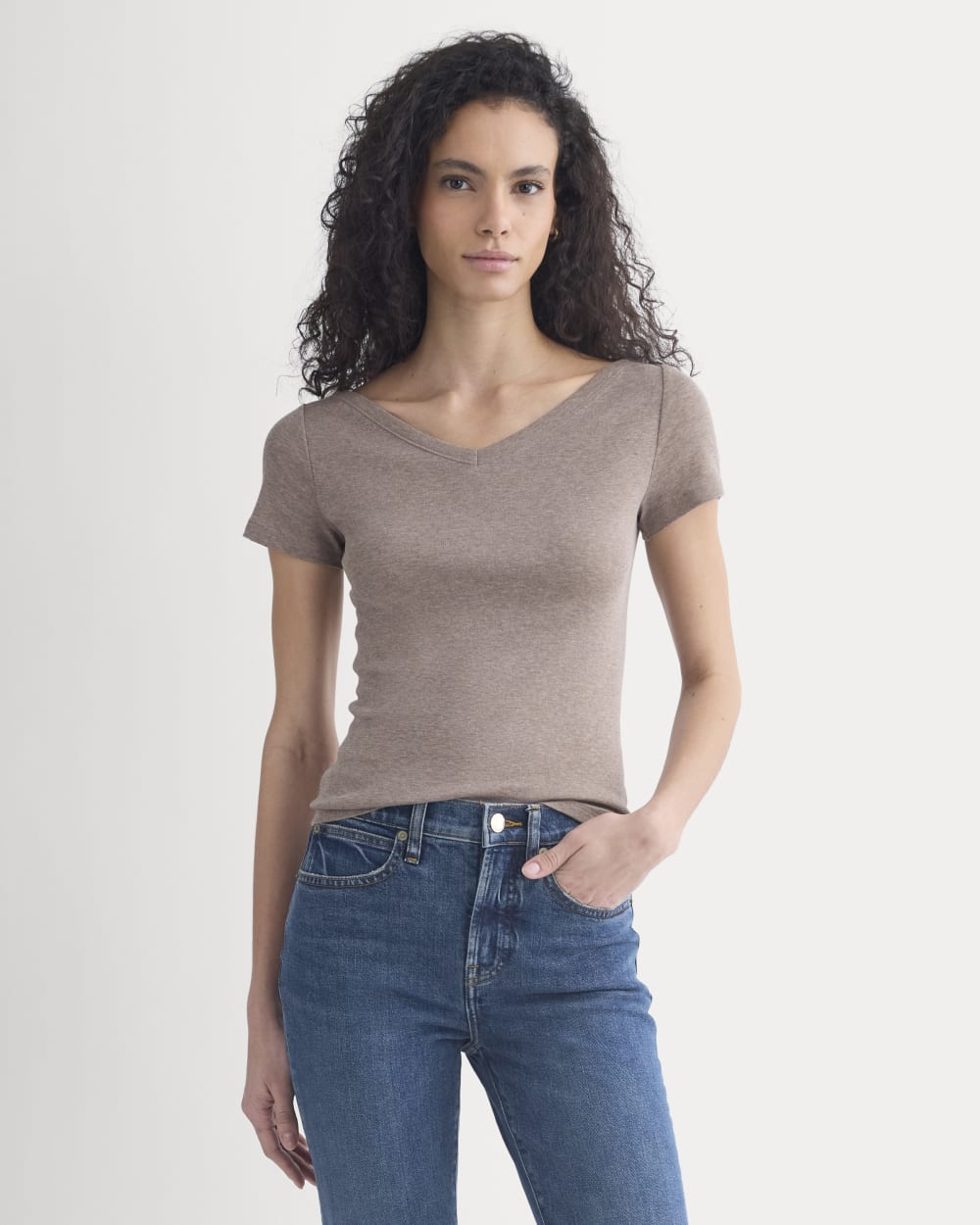Tissue Short-Sleeve V-Neck Top in Heathered Chocolate Chip — front view