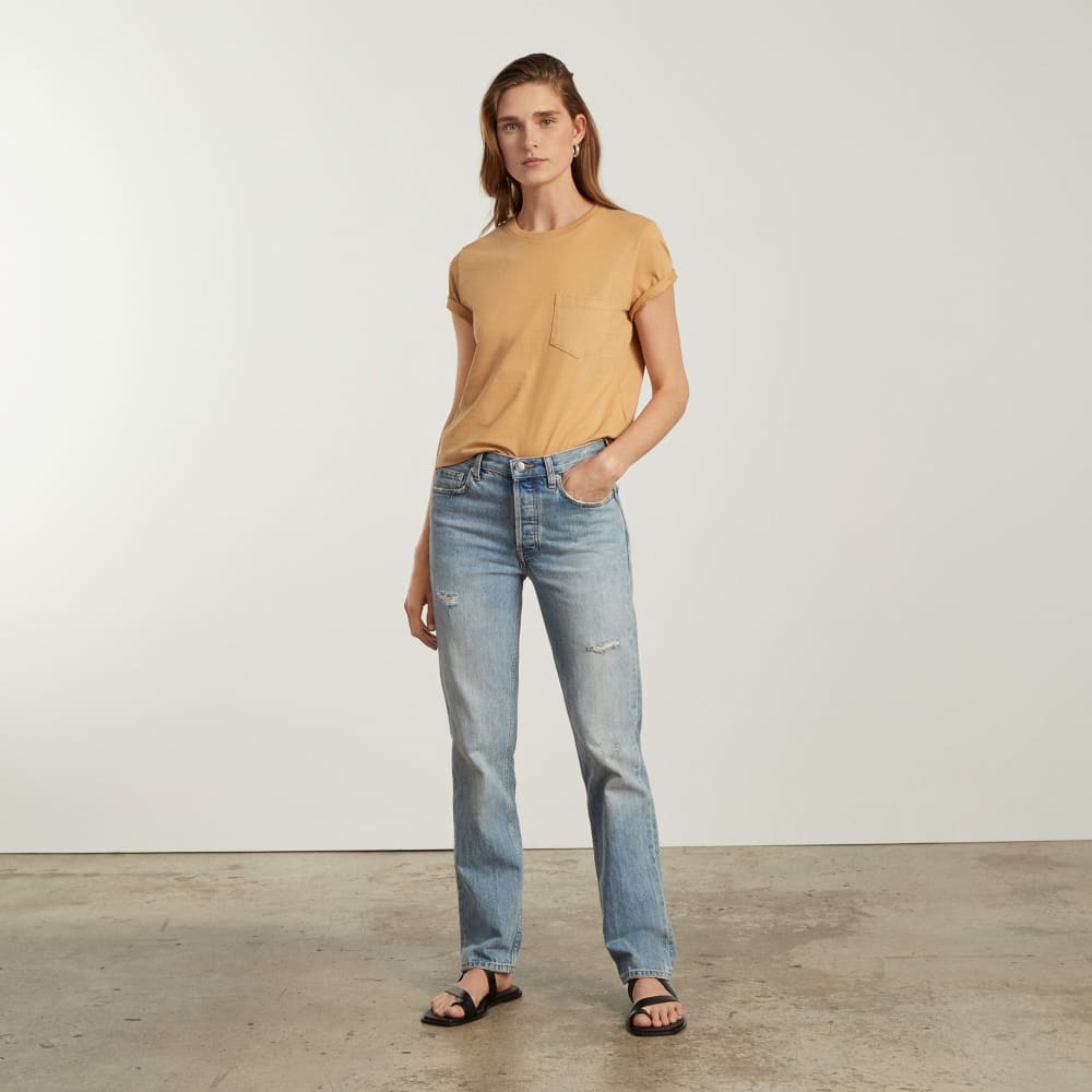 The Box-Cut Tee in Essential Cotton in Iced Coffee — detail view