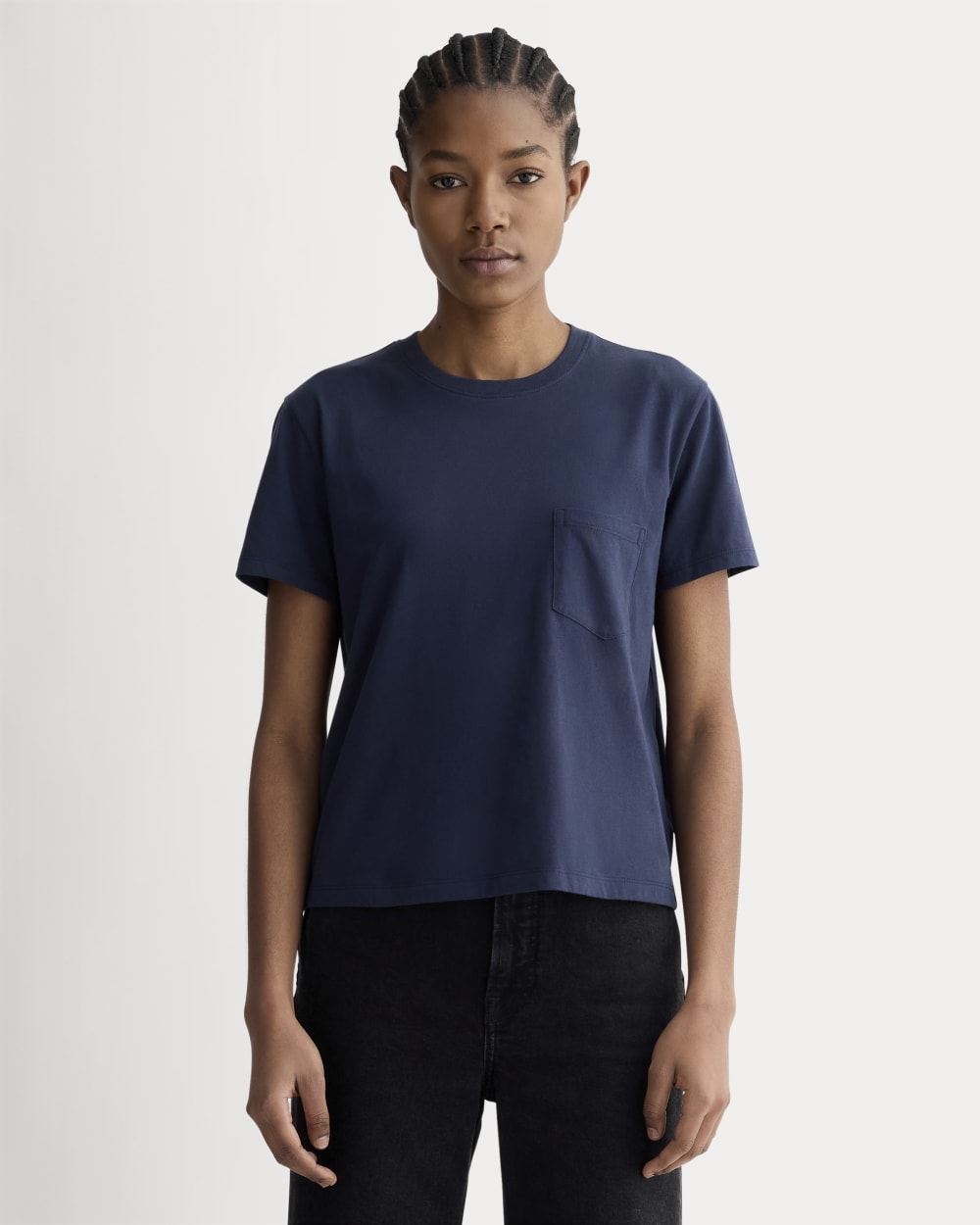 The Box-Cut Tee in Essential Cotton in Navy — front view
