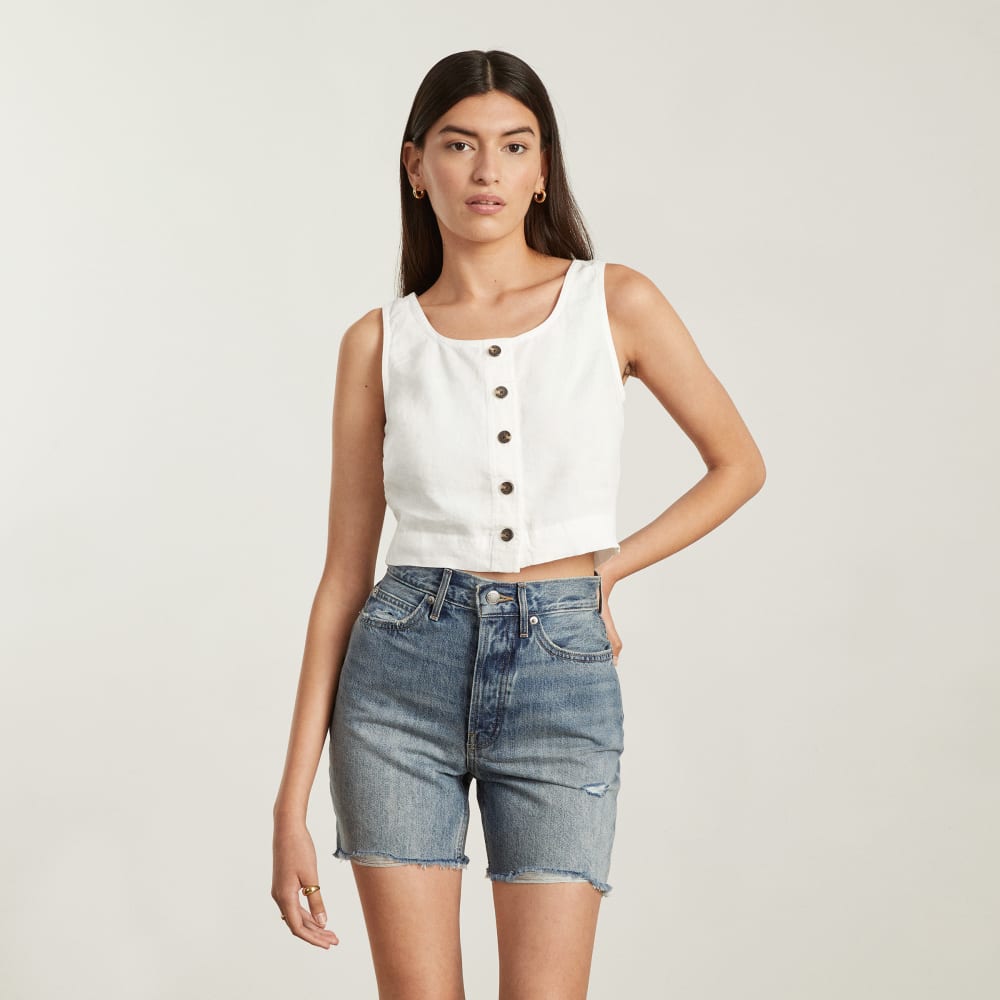 The Linen Button-Front Crop Tank in White — alternate view