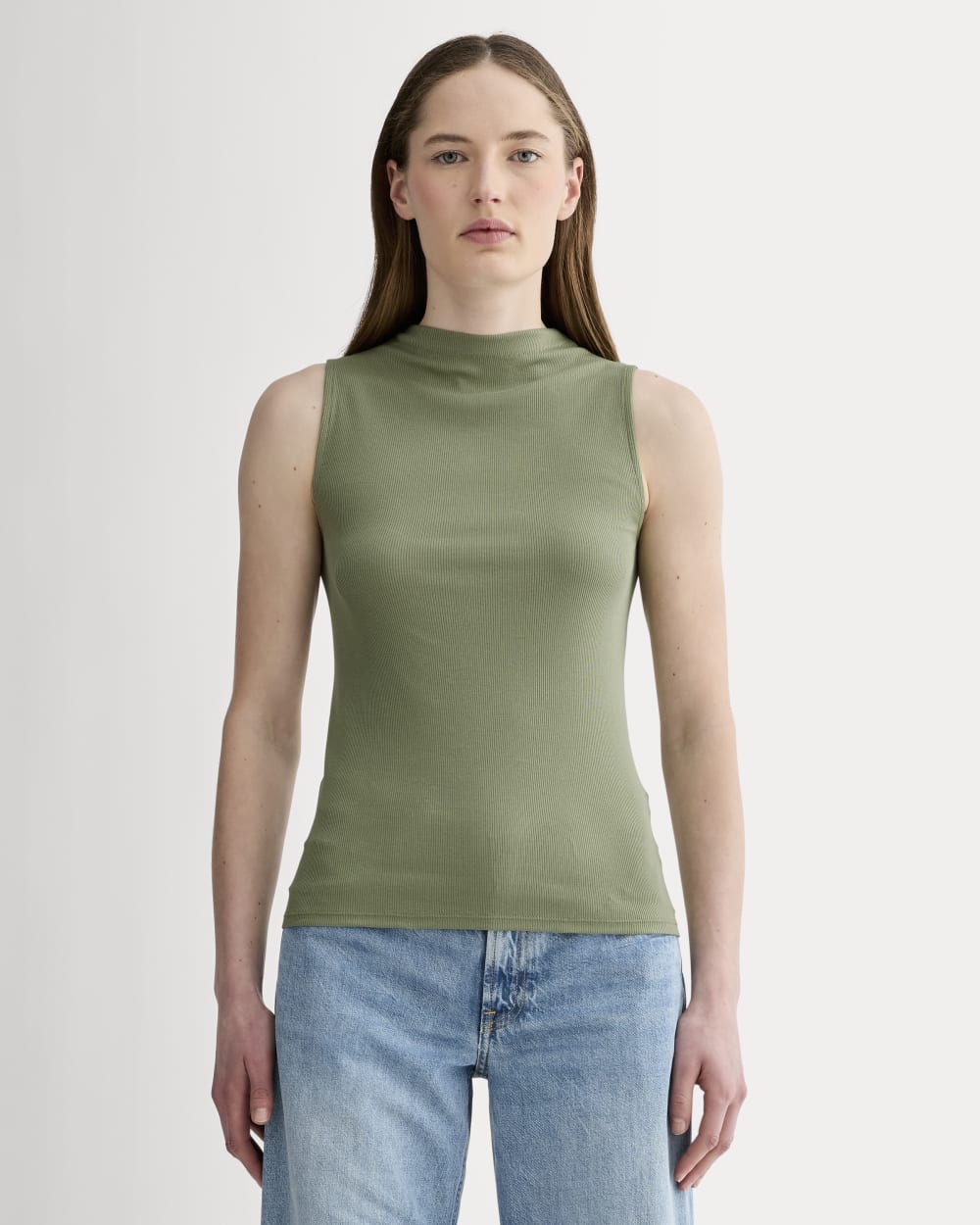 The Luxe Rib Funnel-Neck Tank in Sagebrush — front view