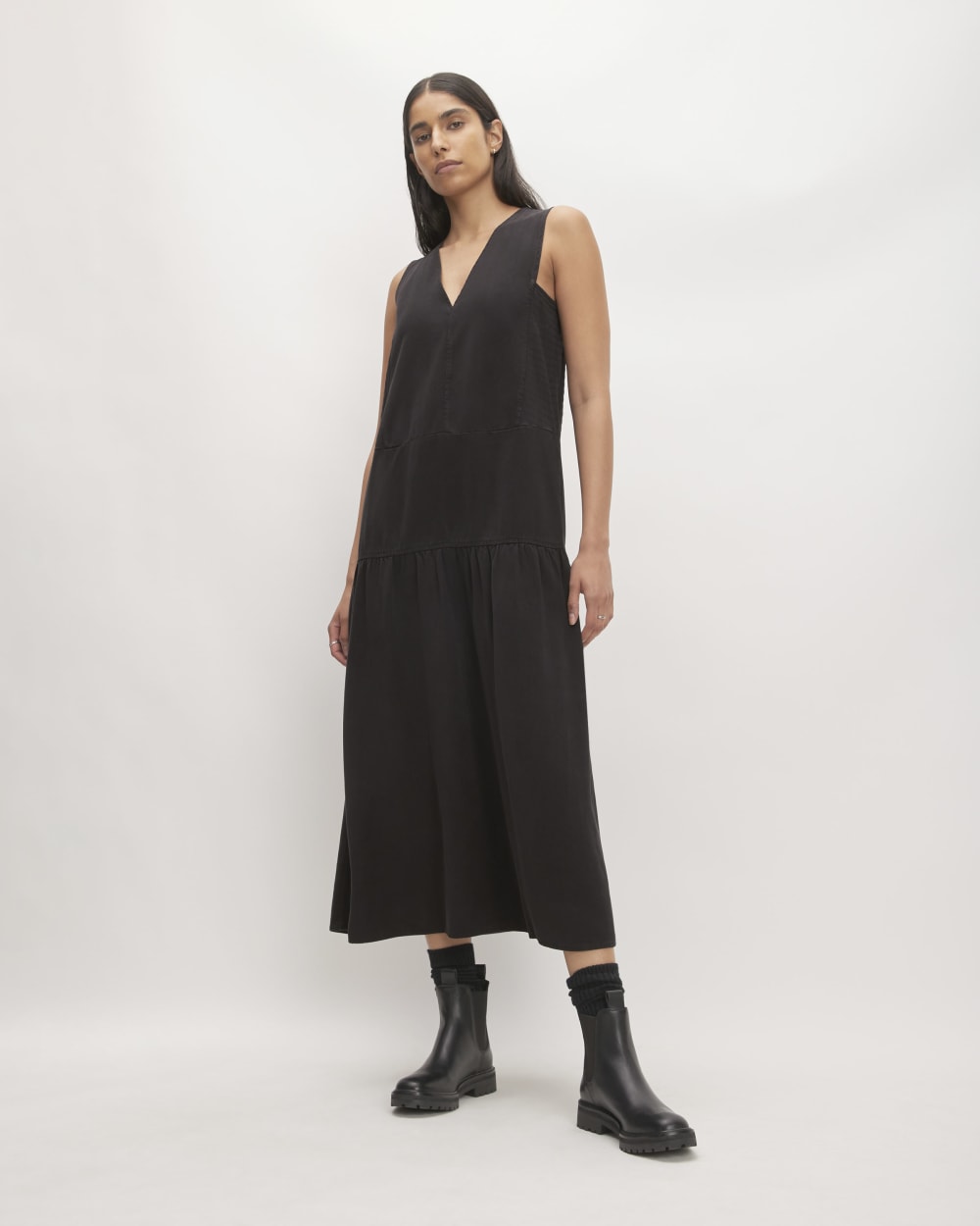 The TENCEL™ V-Neck Dress in Black — front view