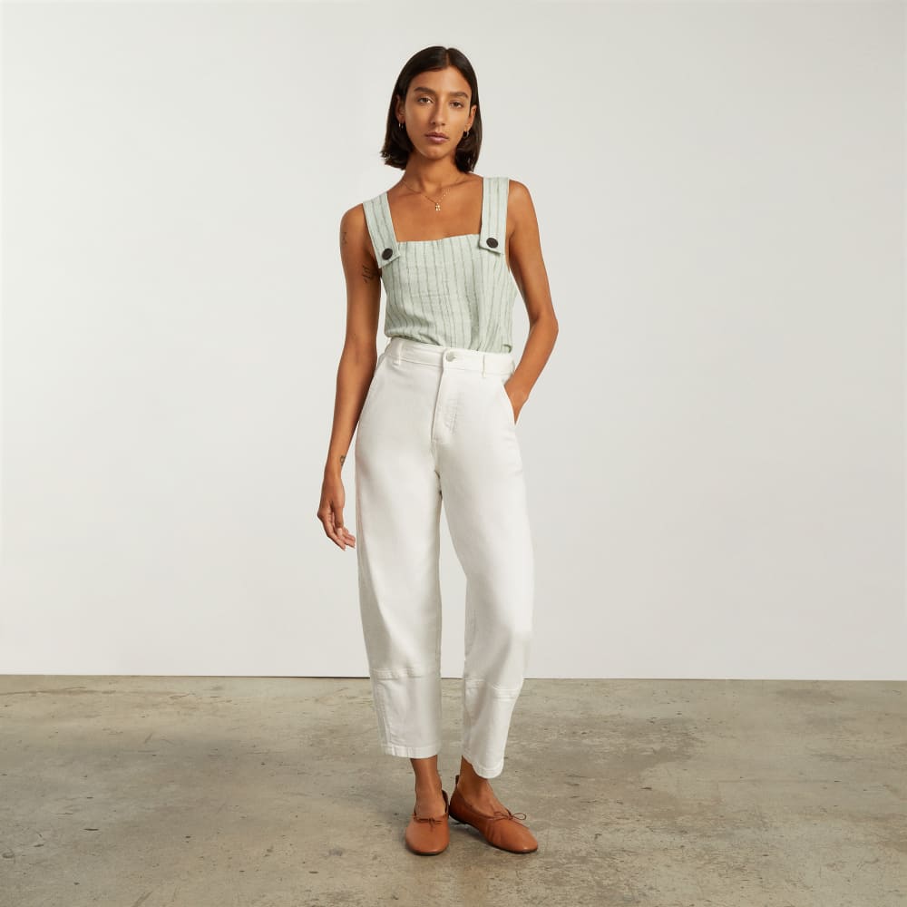 The Apron Linen Tank in Seafoam Pinstripe — detail view