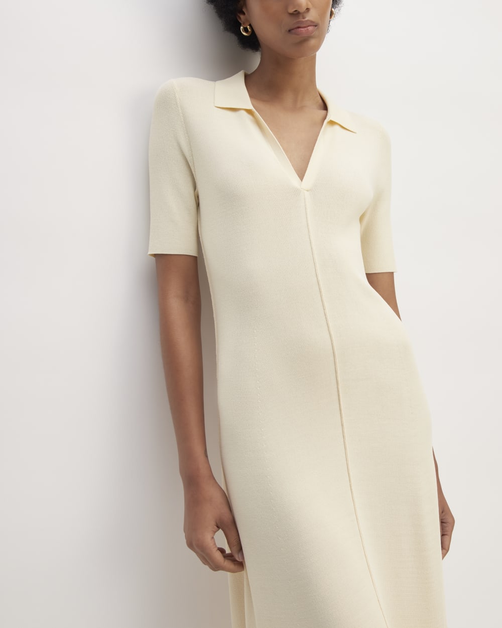 The Viscose Knit Polo Midi Dress in Beige — detail view