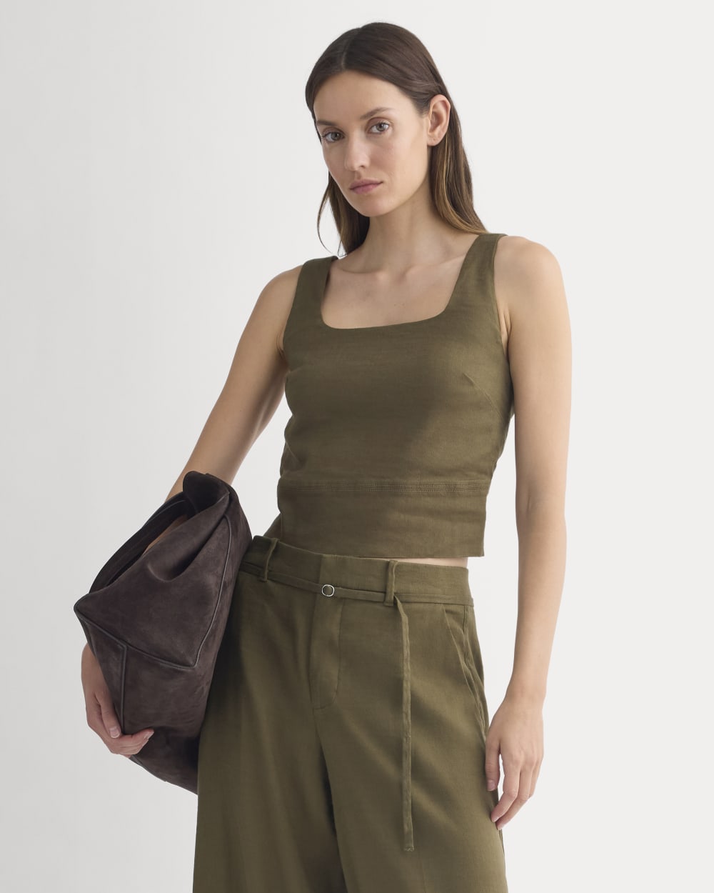 Square Tank in Stretch Linen in Beech — front view