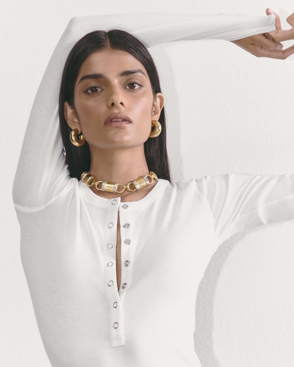 The Luxe Rib Henley in White — detail view
