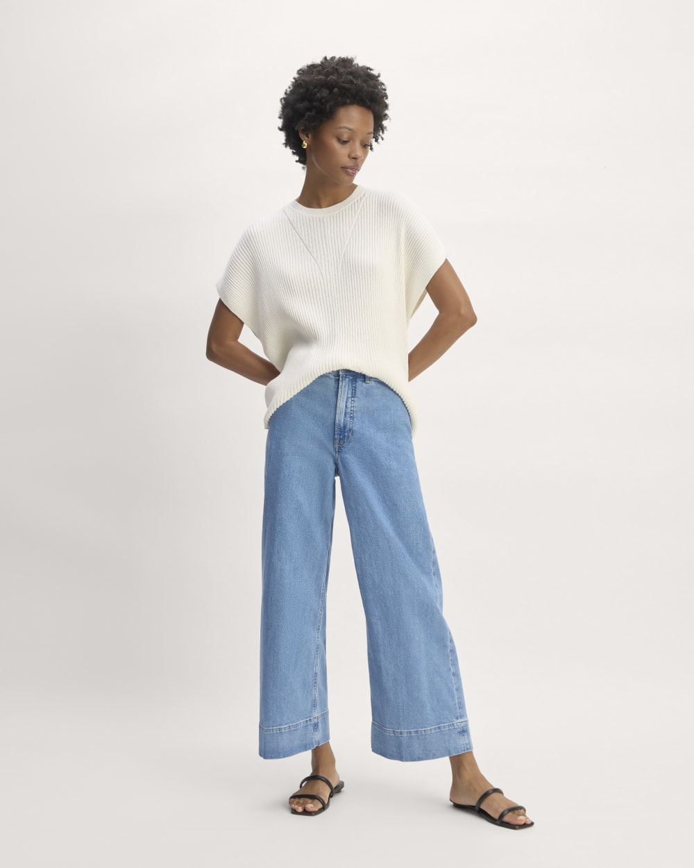 The Cotton Knit Caftan Top in Bone — detail view