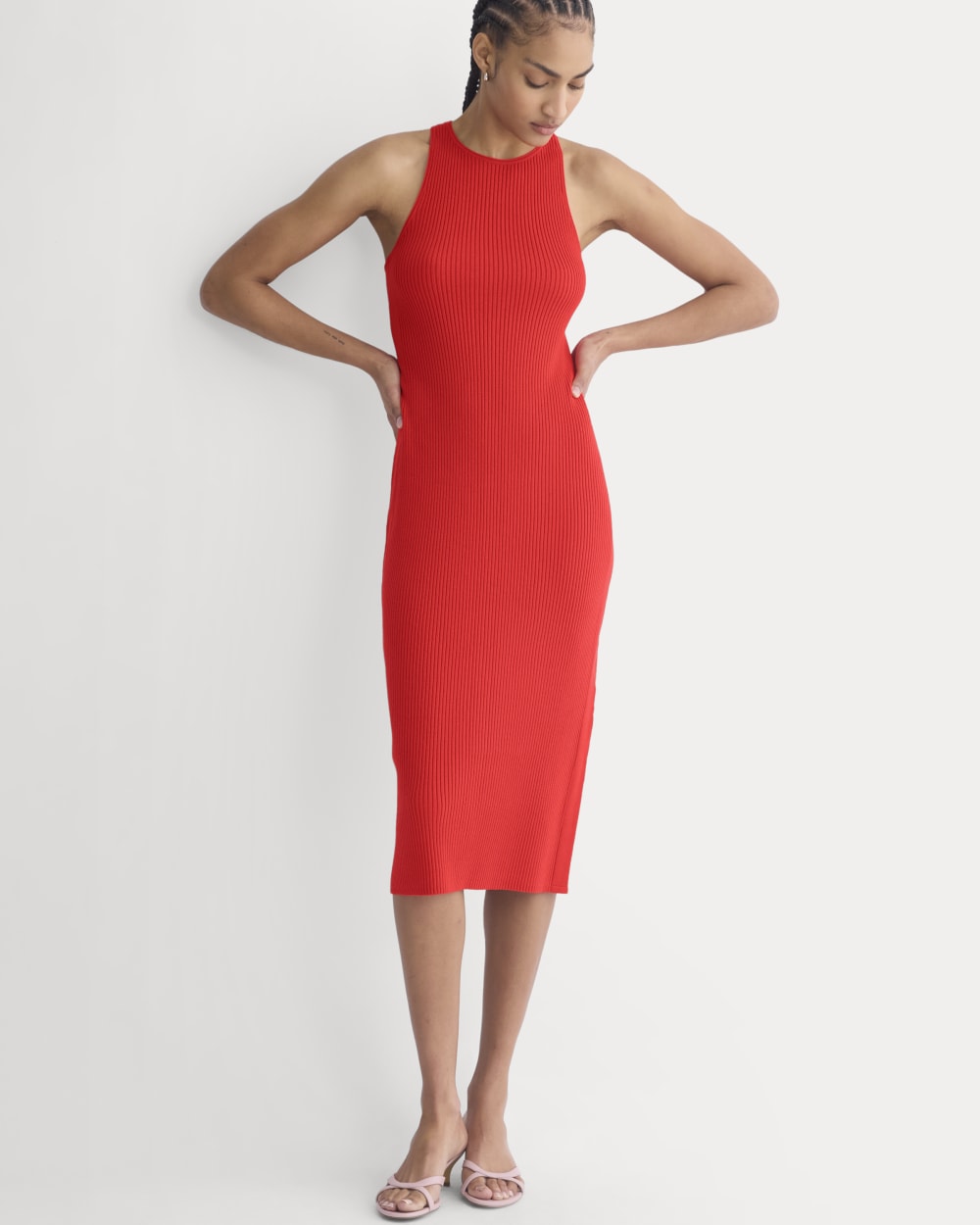 Cutaway Ribbed Midi Dress in Fiery Red — front view