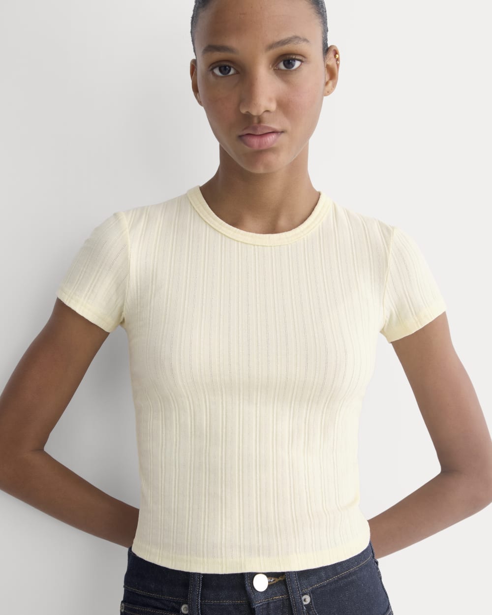 Cropped Crew in Pointelle in Lemon Icing — front view