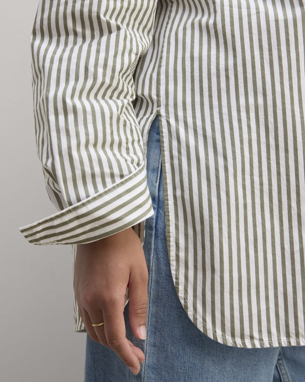 The Supima® Cotton Boyfriend Shirt in White / Moss Green — detail view