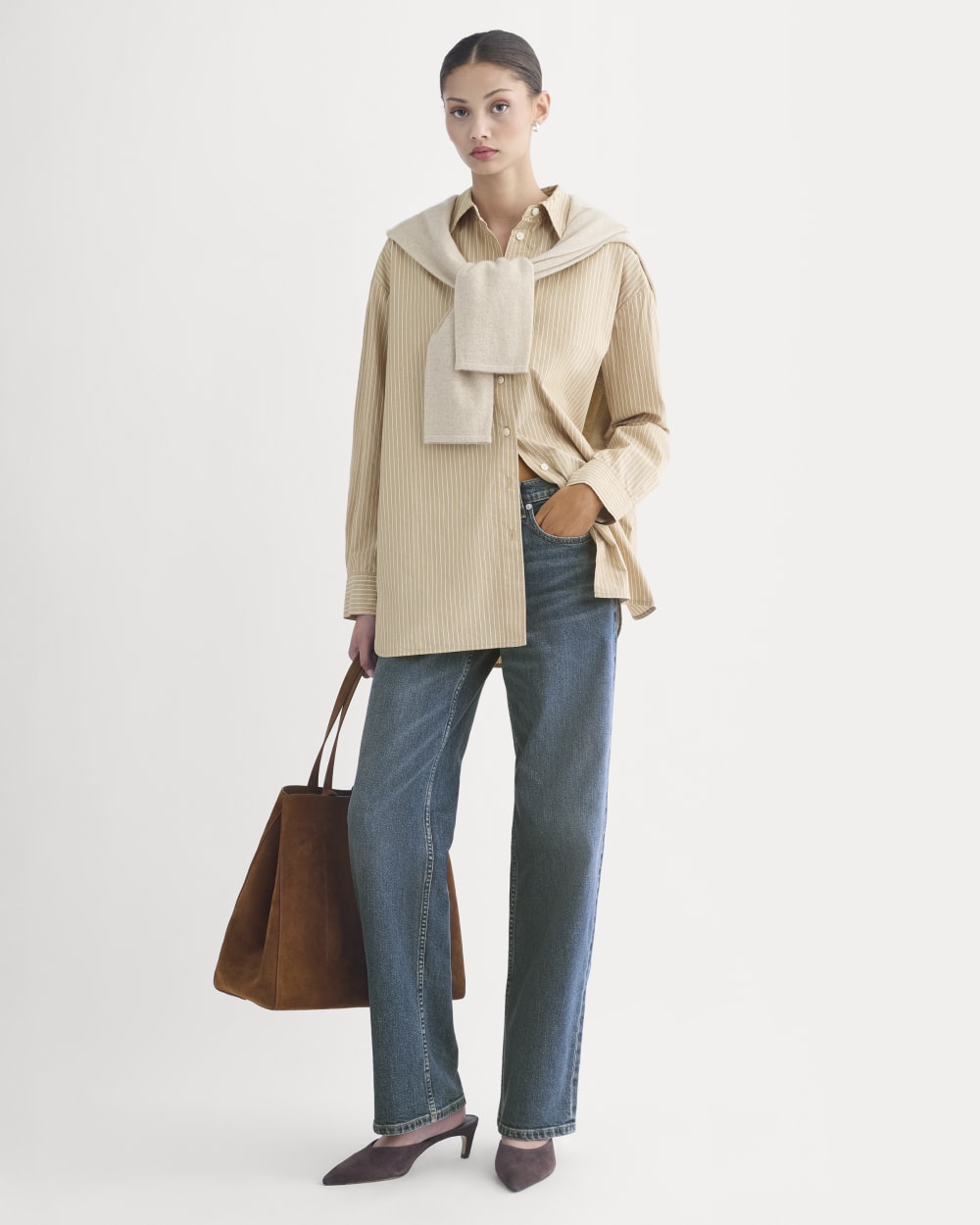 The Boyfriend Shirt in Ultrasoft Cotton in Tiger's Eye / Optic White — detail view