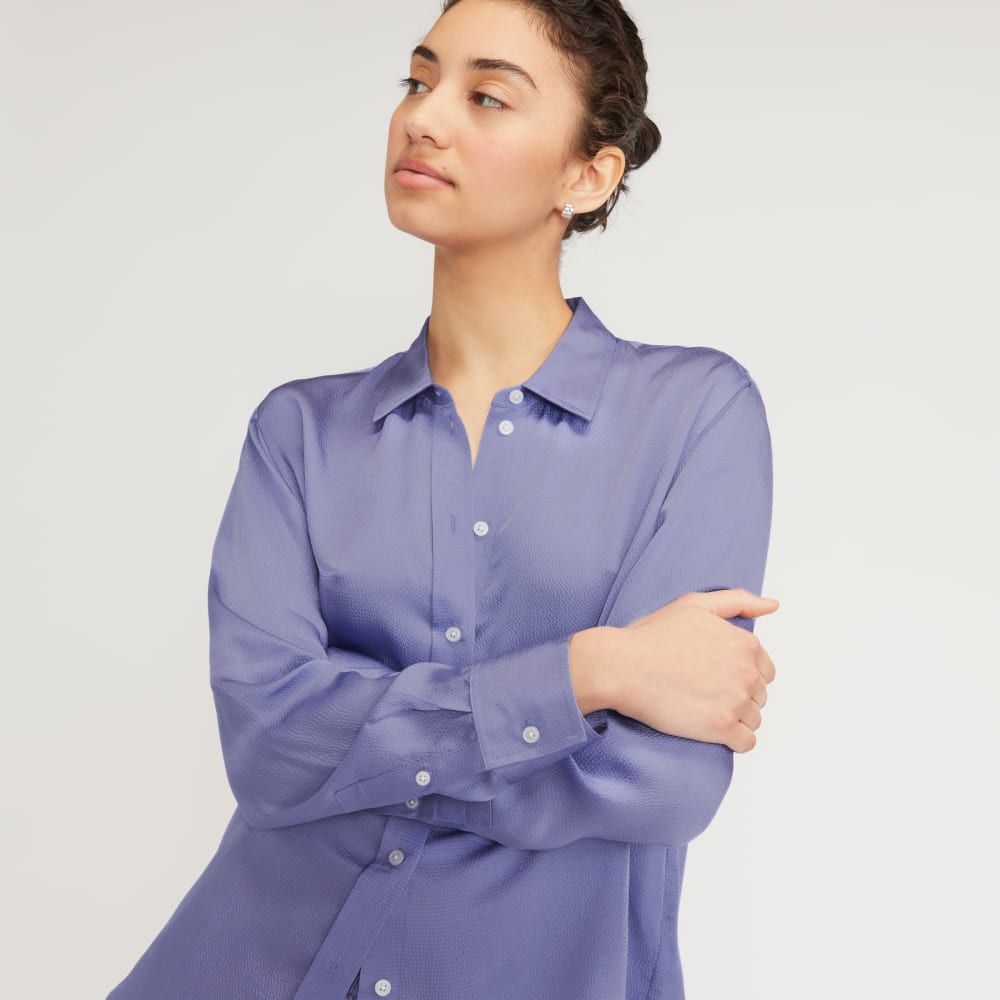 The Satin Relaxed Shirt in Cornflower Blue — detail view