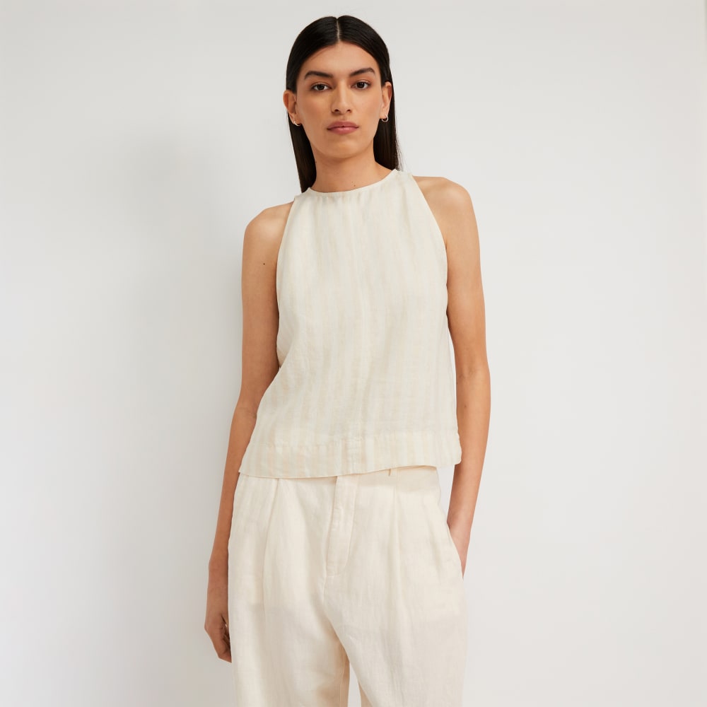 The Linen High-Neck Tank in Brazilian Sand / Canvas Tan — front view