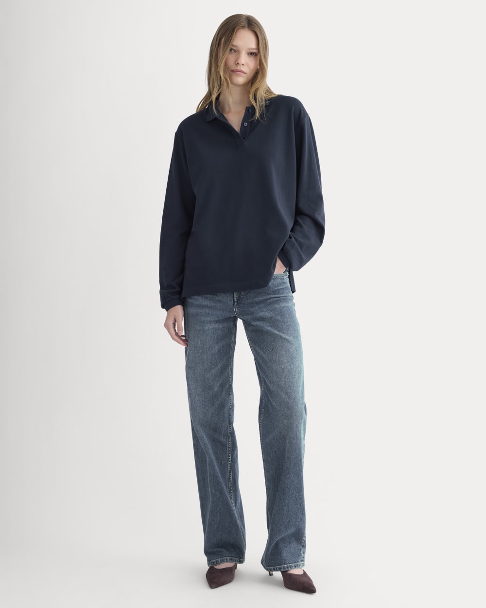 Oversized Pique Polo in Deep Navy — detail view