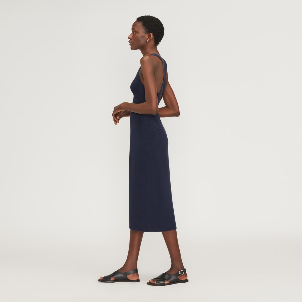 The Ribbed Cotton Cross-Back Dress in Navy — detail view