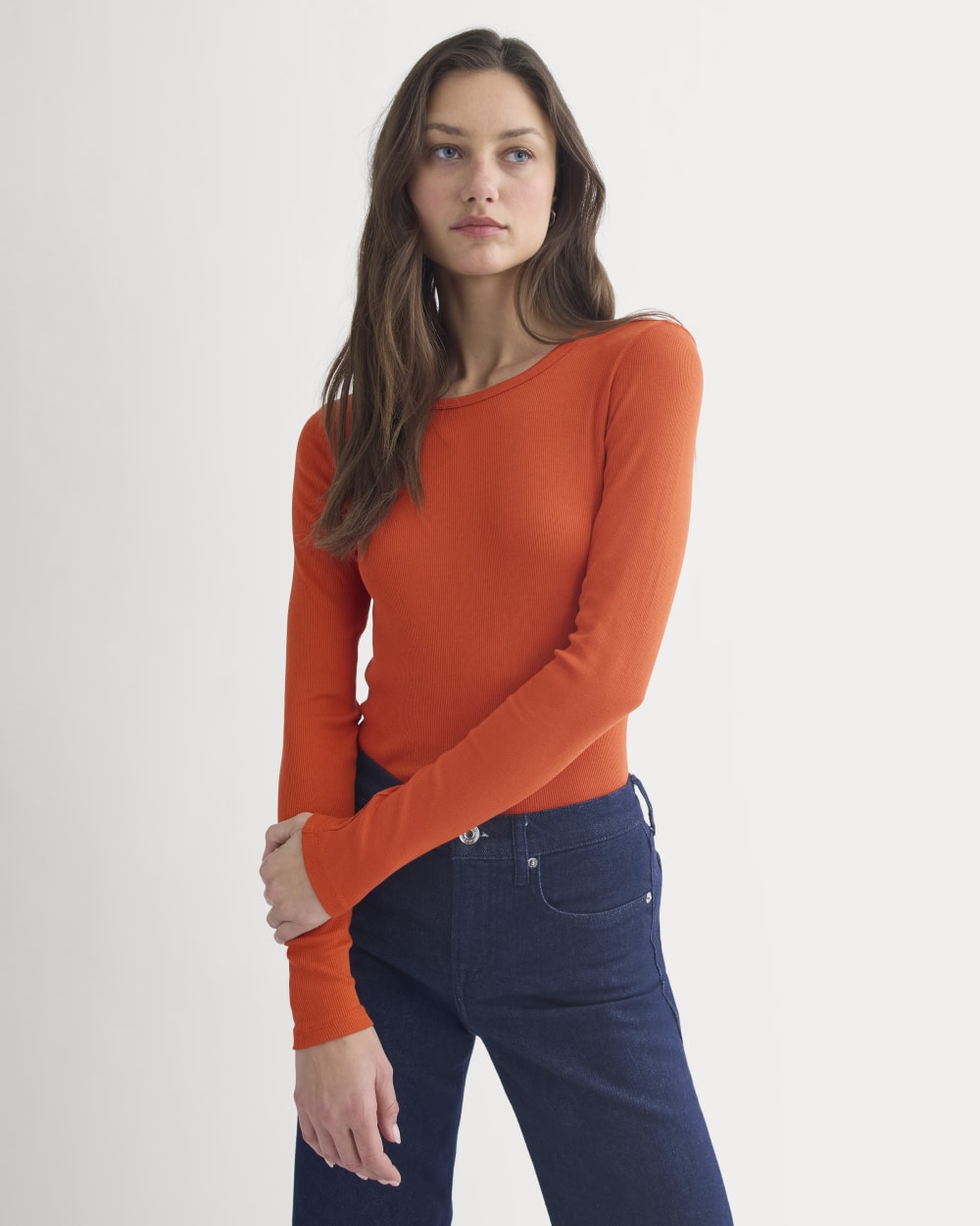 The Luxe Rib Long-Sleeve Crew in Rust — front view