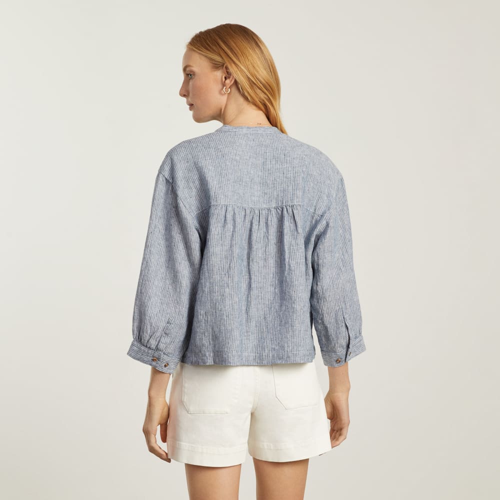 The Linen Billow Blouse in Blue Pinstripe — detail view
