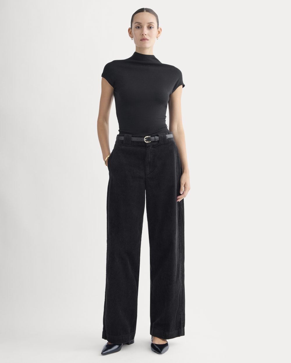 Corduroy Wide-Leg Trouser in Black — front view