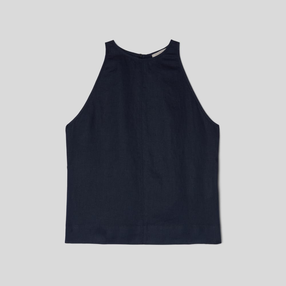 The Linen High-Neck Tank in Navy — alternate view
