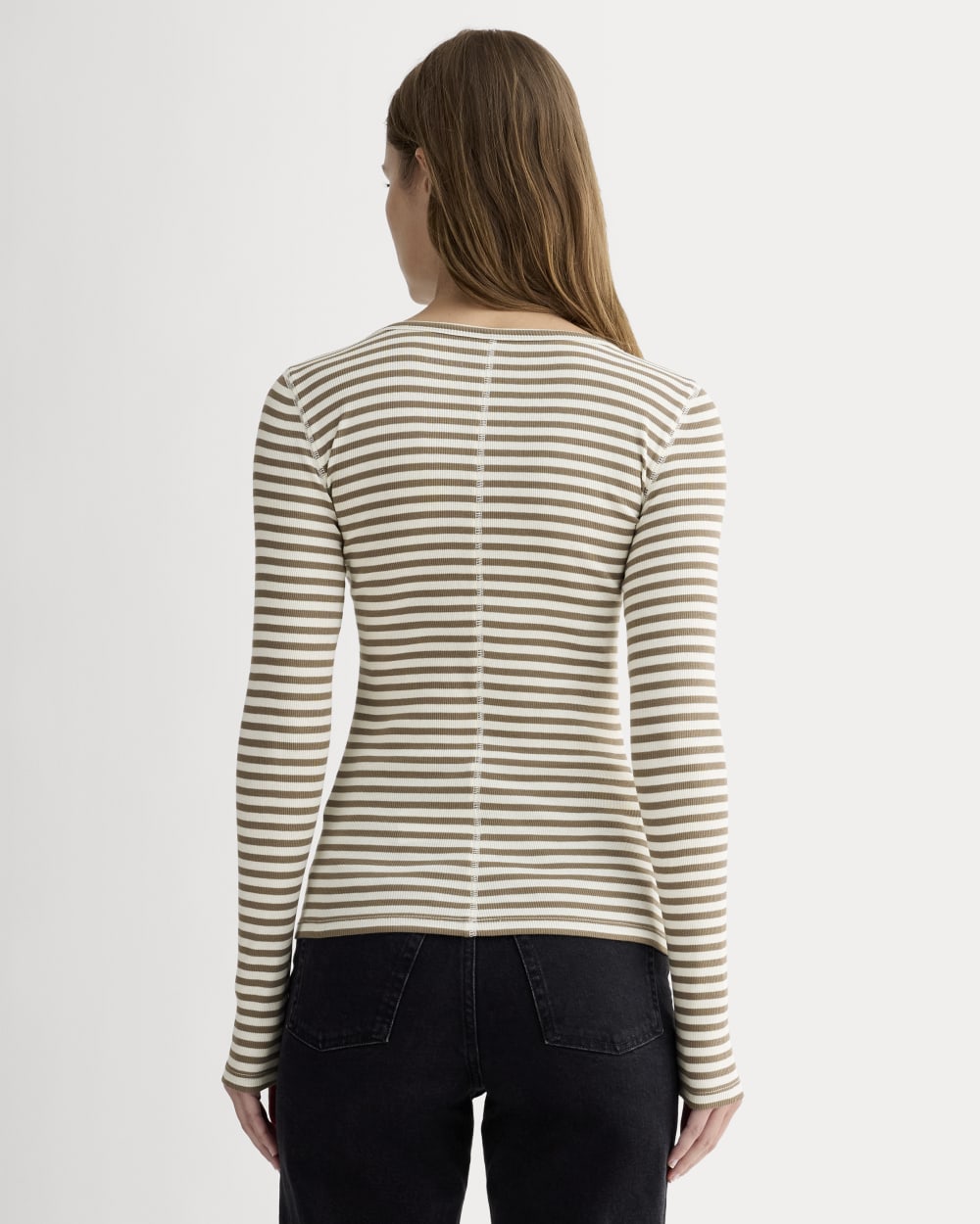 The Luxe Rib Long-Sleeve Crew in Bone / Deep Taupe — detail view