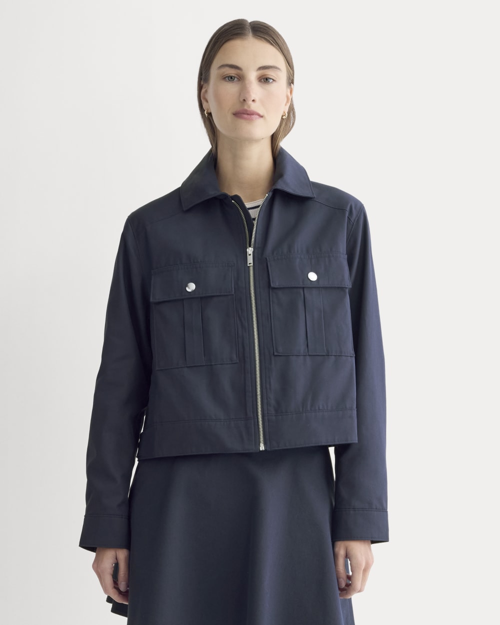 The Cropped Utility Jacket in Navy — front view