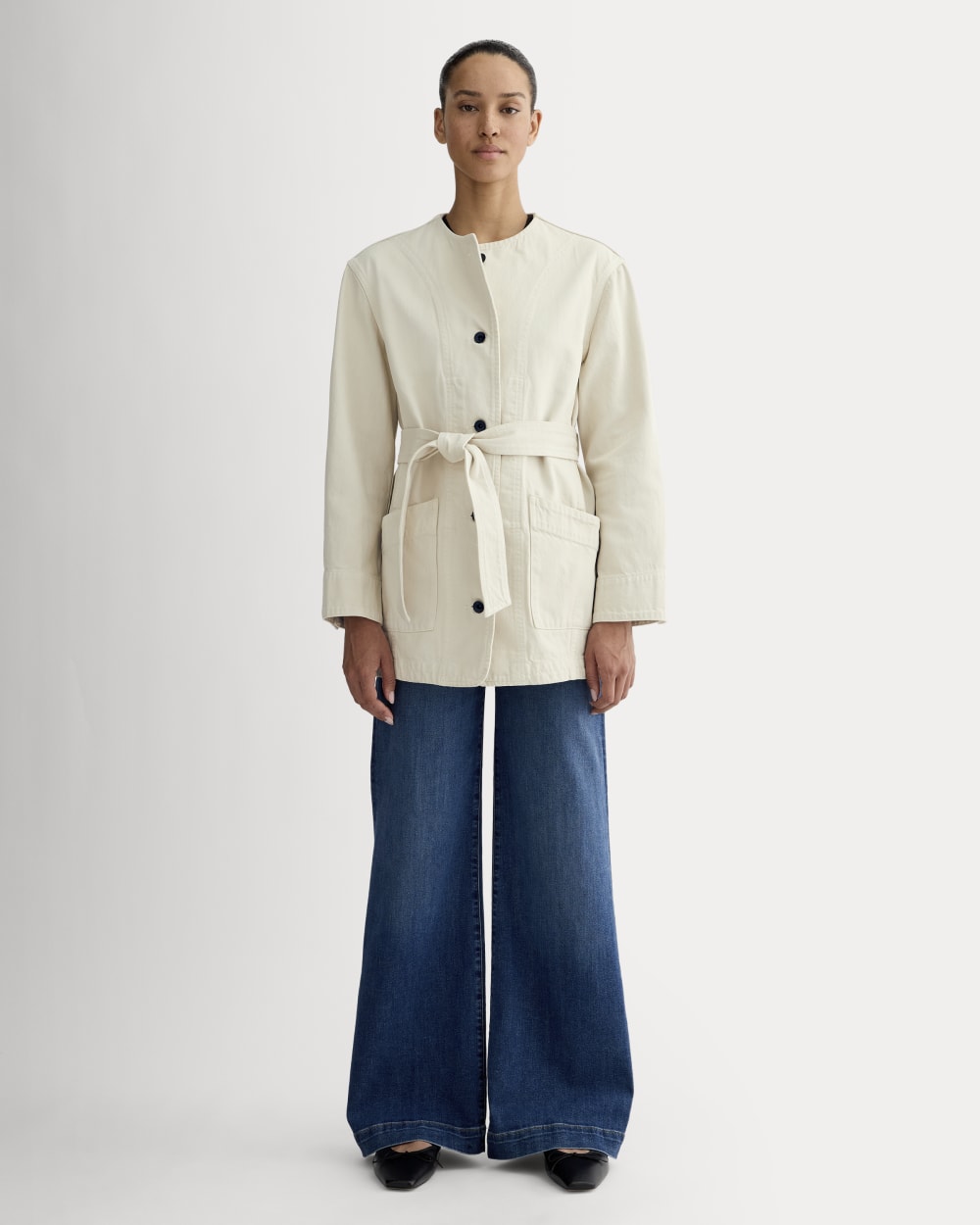 The Long Denim Barrel Jacket in Garment-Dyed Sand — detail view